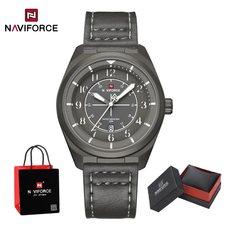 NAVIFORCE Men's Quartz Calendar Watch 3ATM Waterproof Leather Strap Casual Fashion Business Daily Wear Male Wristwatch Gift Box