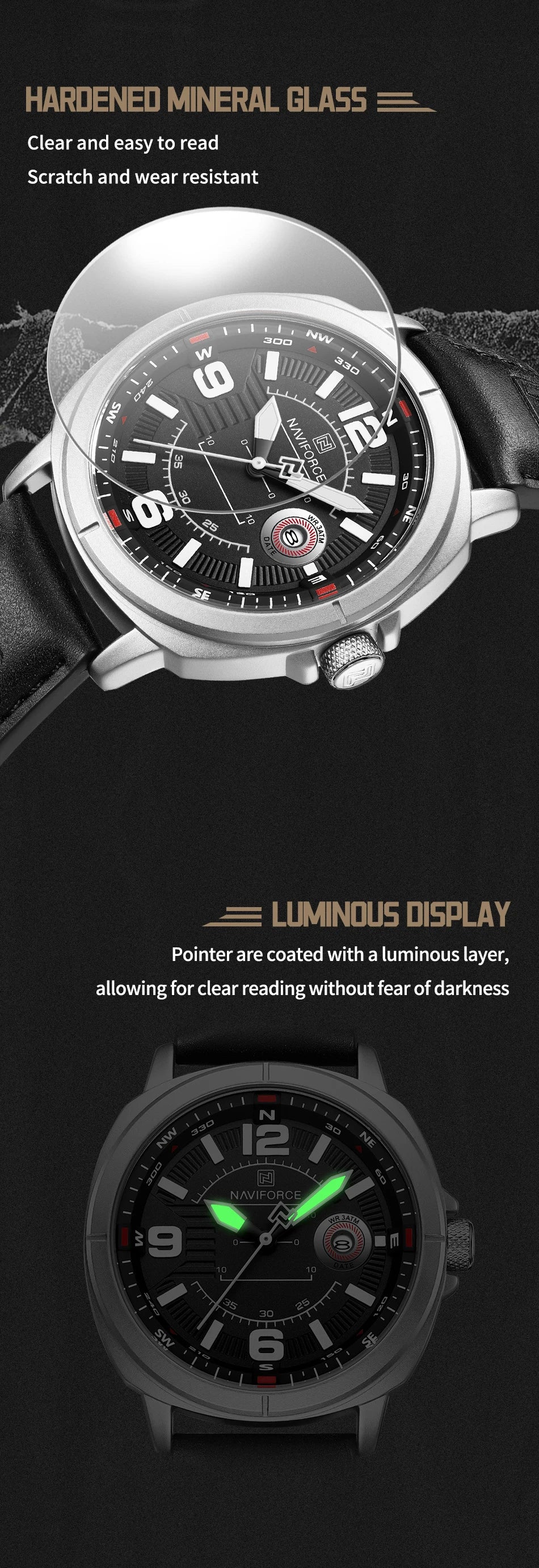 NAVIFORCE Brand Men Quartz Watch High Quality PU Band Calendar Male Wristwatch Auto Date Display Waterproof Clocks Reloj Hombre