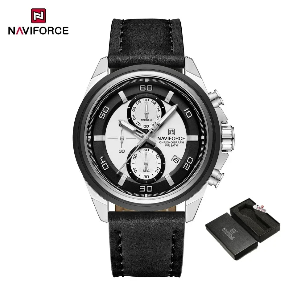 NAVIFORCE Brand Watches For Men Genuine Leather Band Chronograph Quartz Wristwatches Casual Sport 30m Waterproof Male Gift Clock