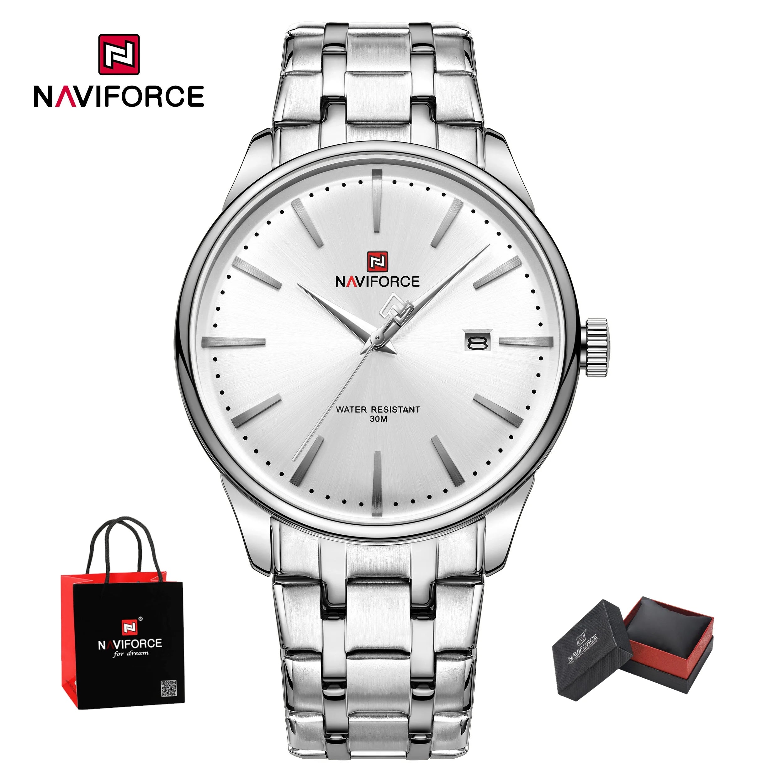 New NAVIFORCE Men's Fashion Business Stainless Steel Strap Quartz Wristwatches Calendar Watch Waterproof Relogio Masculino Gifts