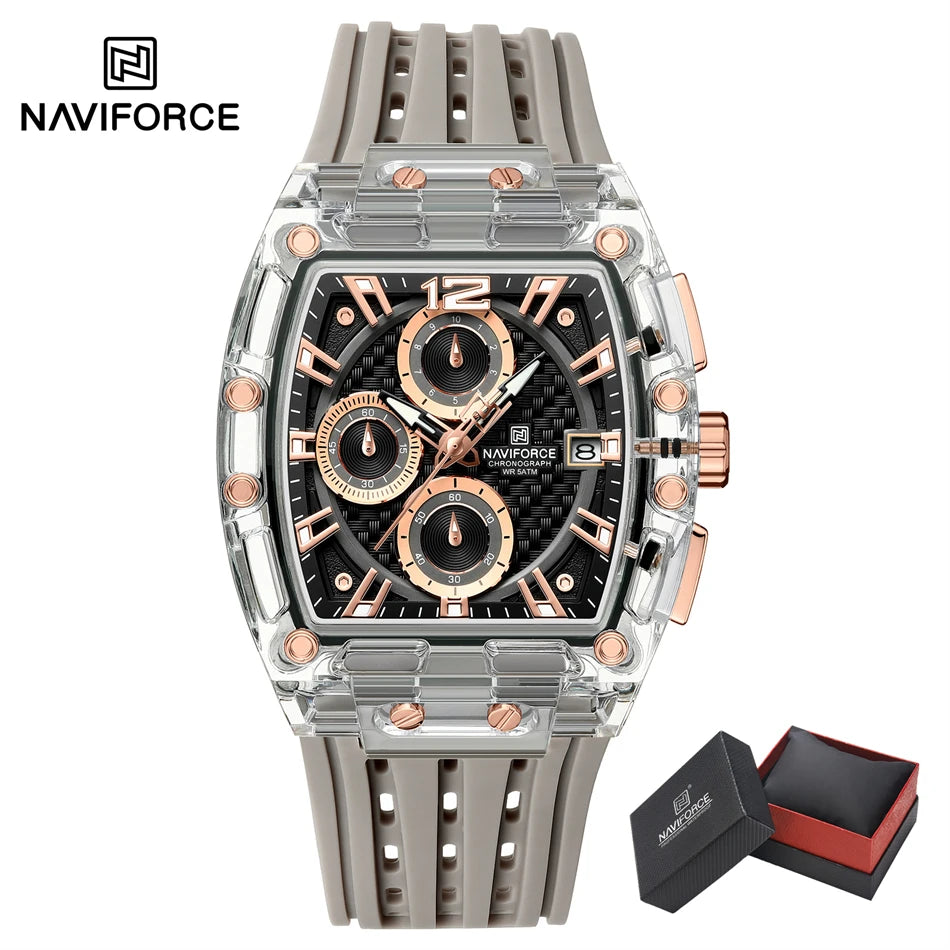 NAVIFORCE Men's Quartz Watch Multifunctional Colorful Chronograph Top Brand Silicone Strap 5ATM Waterproof Tonneau Wristwatches