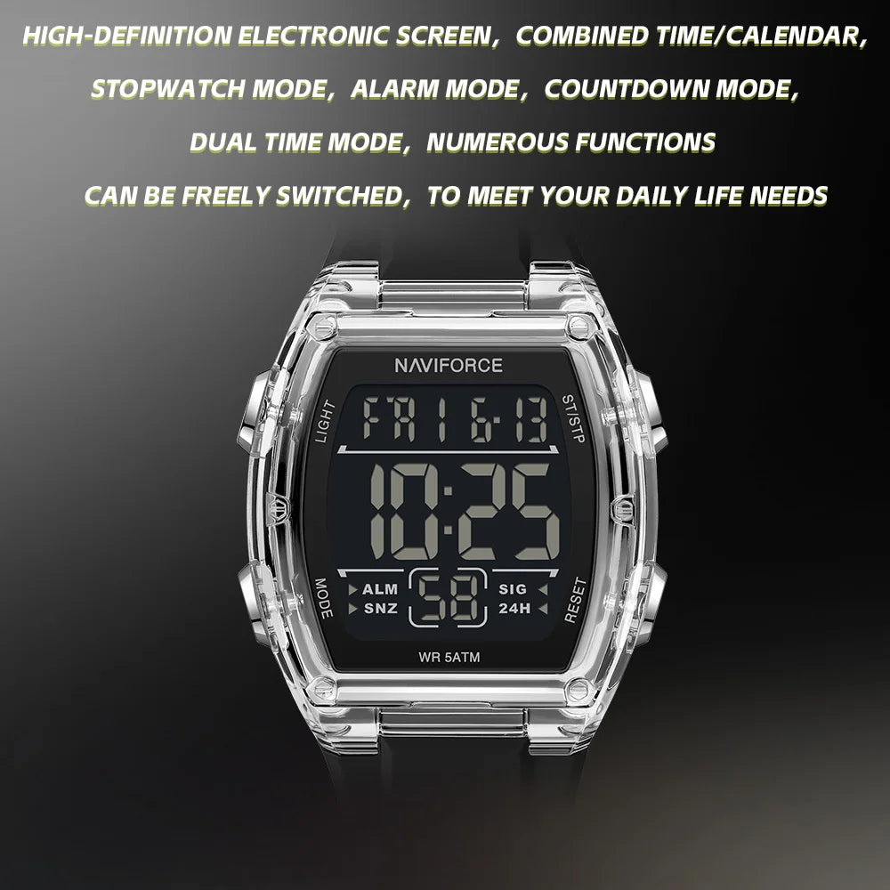 NAVIFORCE Luxury LCD Digital Sport Watches For Men Luxury Casual Alarm Clock 50M Waterproof Silicone Band Electronic Wristwatch