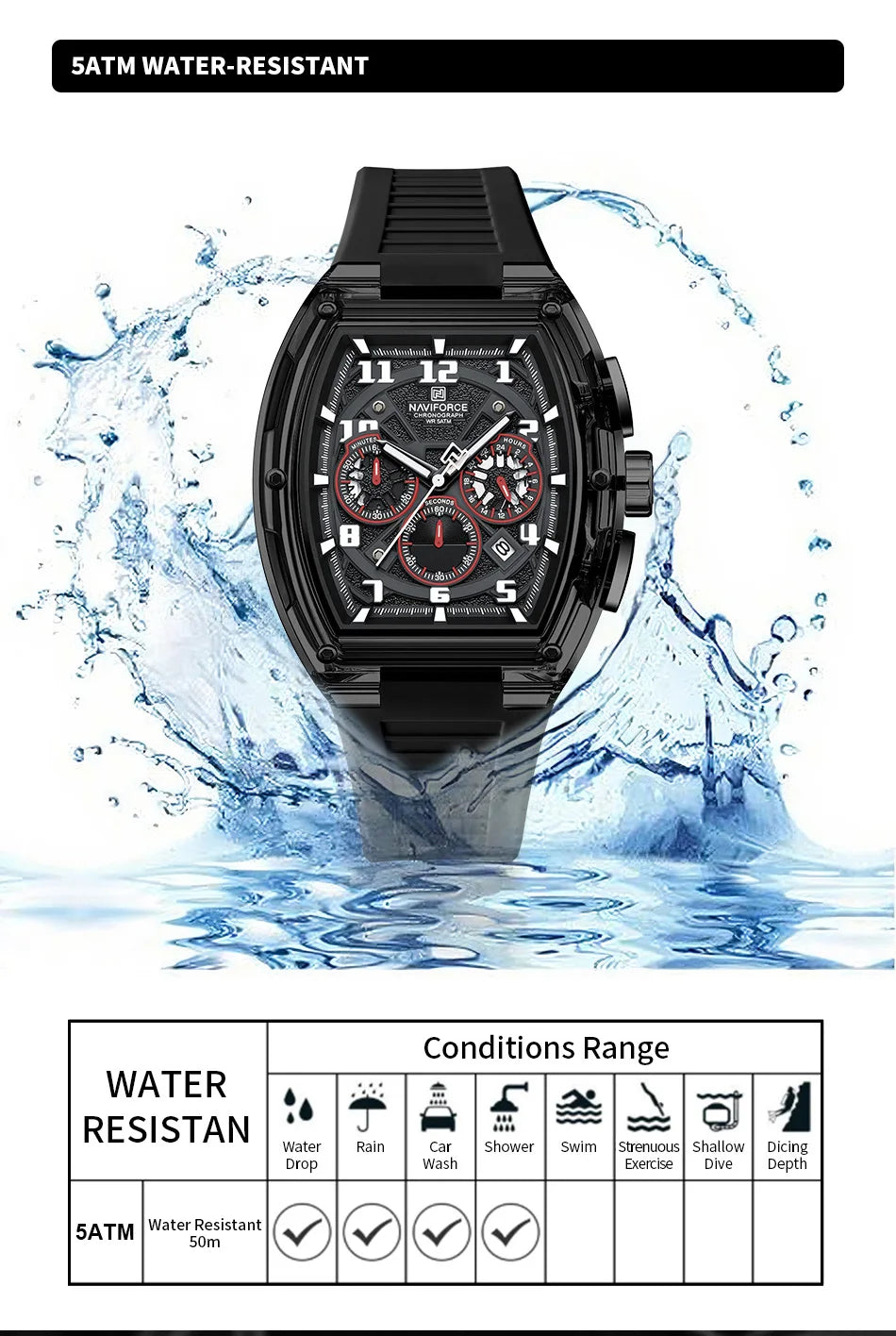 NAVIFORCE Men Fashion Watches Quartz Multifunction Chronograph 50M Waterproof Clock Silicone Strap Male Outdoor Sport Wristwatch