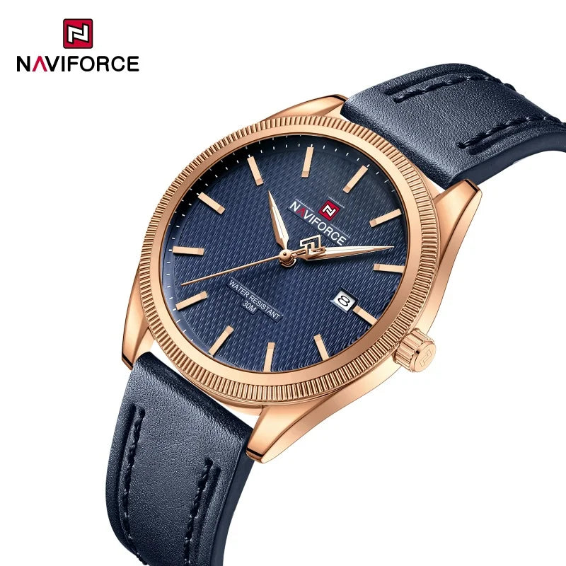 NAVIFORCE Men's Watches Fashion Genuine Leather Strap 30M Waterproof Male Quartz Wristwatches Luminous Point Date Display Clock