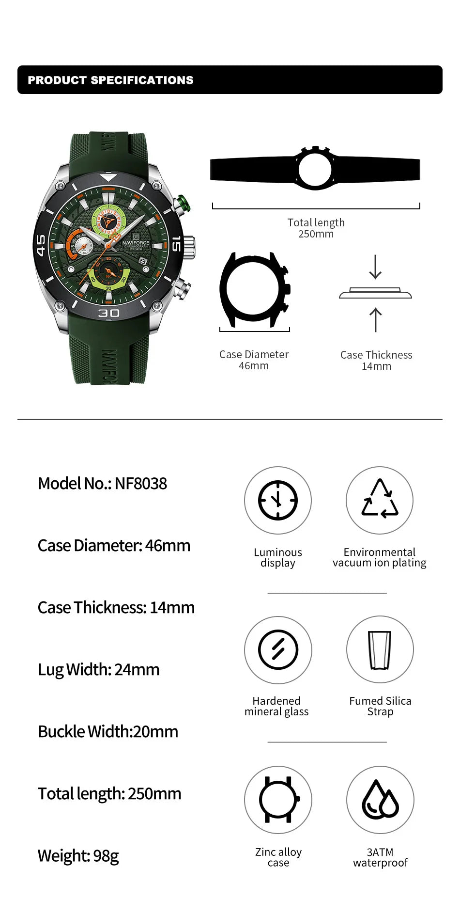 NAVIFORCE Man's Watch Quartz Chronograph 30M Waterproof Luminous Date Display Silicone Strap Trends Sports Wristwatch for Men