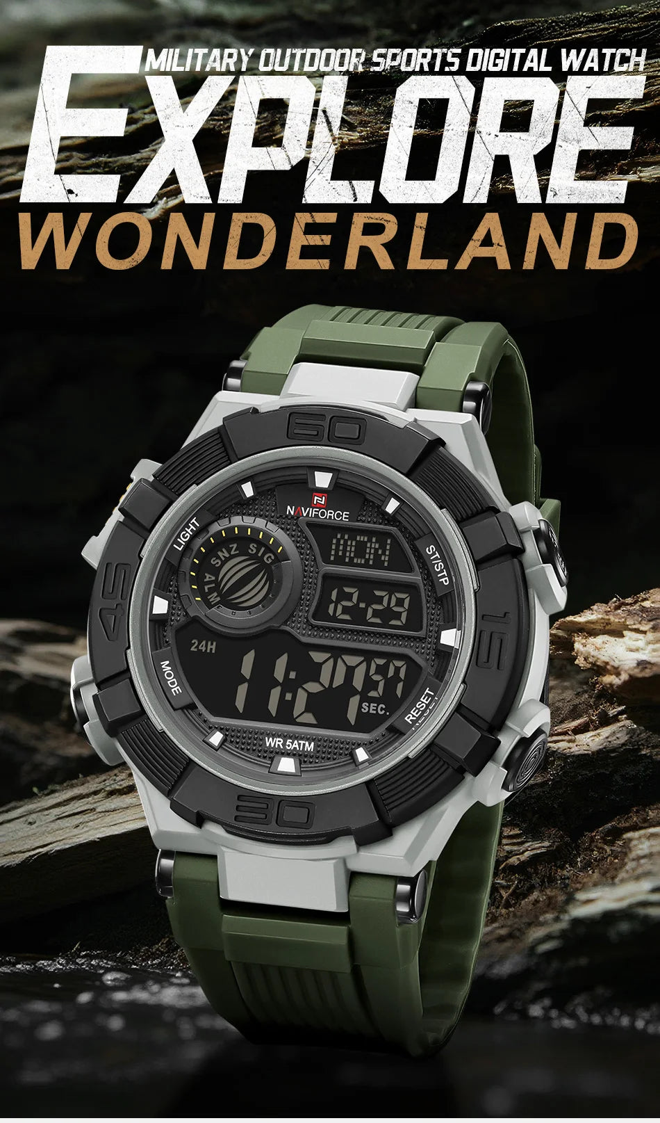 NAVIFORCE Man's Watch With Date Week Display LCD Digital Lightweight 24 Hour Alarm Clock 5ATM Waterproof Male Sports Wristwatch