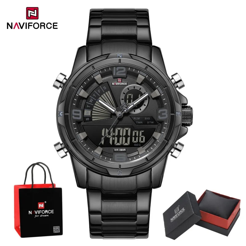 NAVIFORCE Luxury Man's Watch Quartz Chronograph Dual Display 3ATM Waterproof Military Style Sports Wristwatch Gift Box For Men