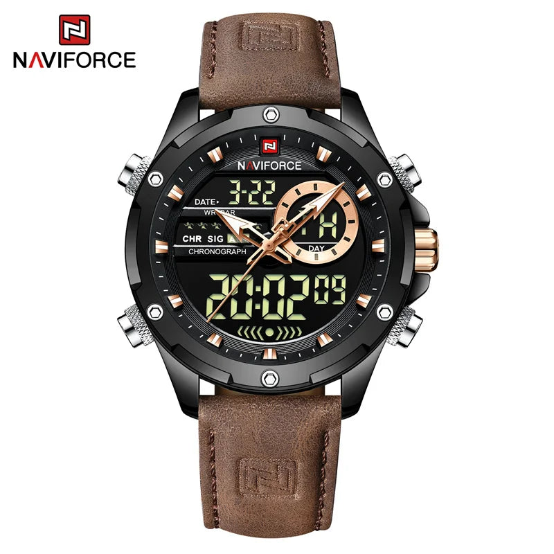 NAVIFORCE Original Men's Dual Time Luxury Sport Watch Casual Chronograph Alarm Quartz Wristwatch Leather Strap Waterproof Clock