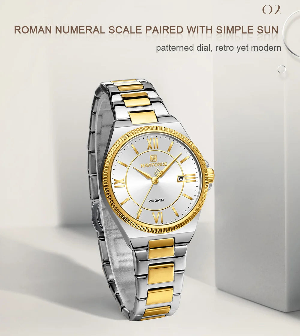 NAVIFORCE Women's Quartz Watch 3ATM Waterproof Date Display Stainless Steel Fashion for Daily Dress Lady Wristwatch Gifts Box