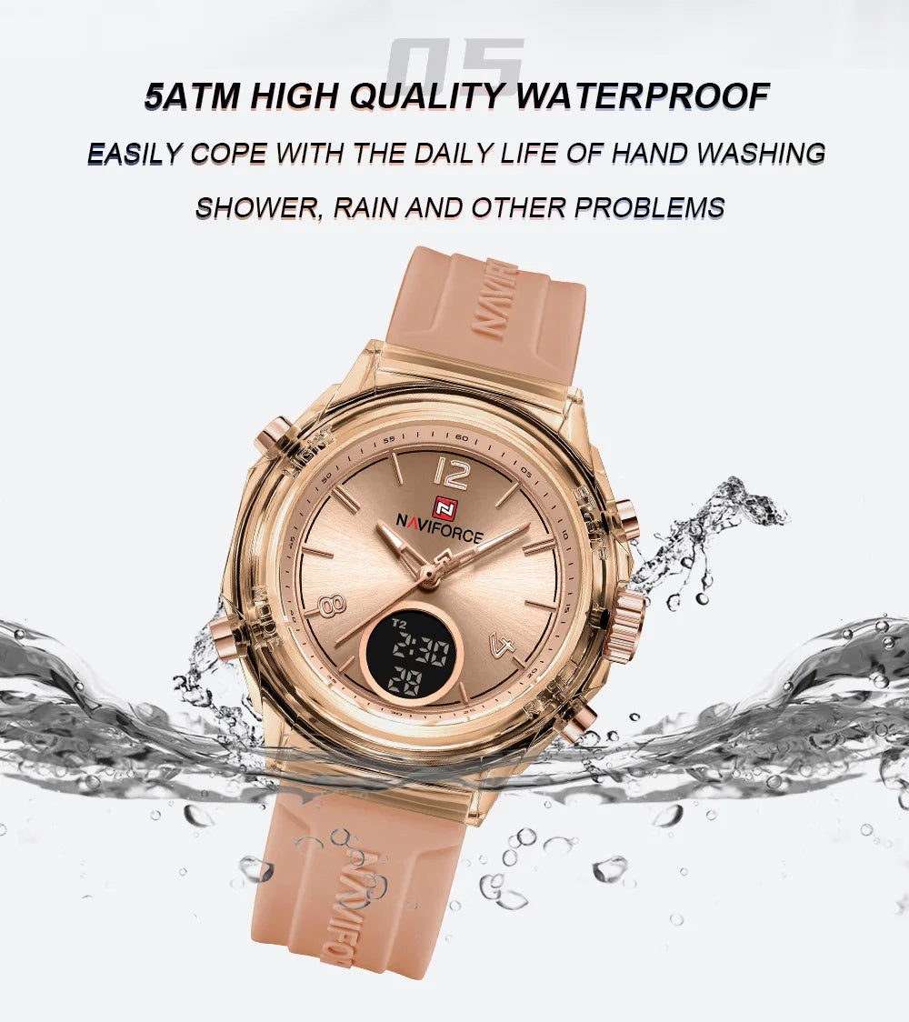 NAVIFORCE Quartz Wristwatches Dual Time Display Top Brand Women's Watch Outdoor Sports Waterproof Watches Rubber Package Gifts