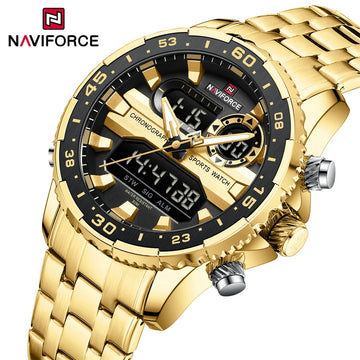 NAVIFORCE Men's Sports Alarm Watch Waterproof Chronograph Quartz Movement Steel Band Digital Date Week Display Wristwatches Gift