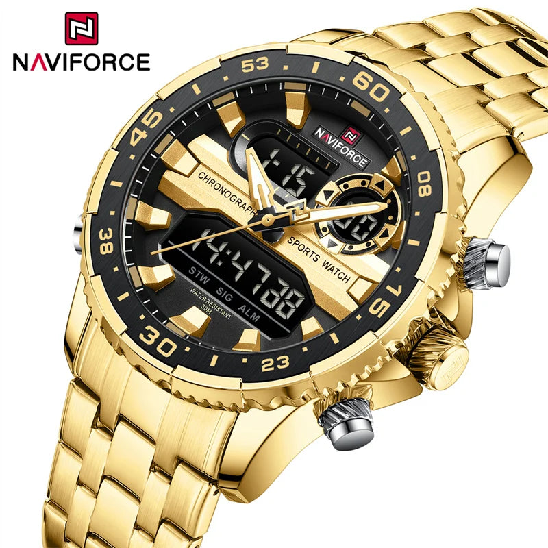 NAVIFORCE Men's Sports Alarm Watch Waterproof Chronograph Quartz Movement Steel Band Digital Date Week Display Wristwatches Gift