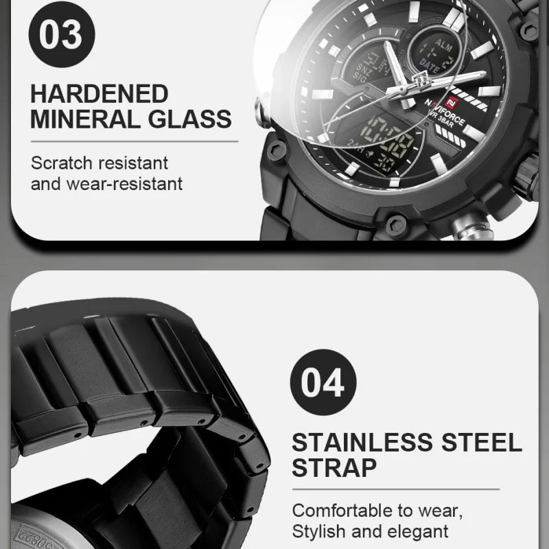 NAVIFORCE Men's Watch Luxury Quartz LCD Digital Sports Military Style Dual Display Chronograph Alarm Clock Wristwatch Gifts Box