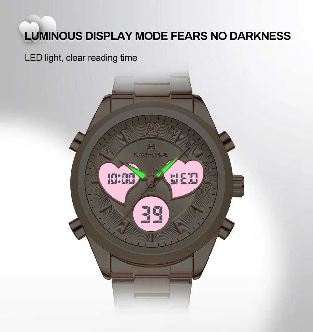 NAVIFORCE Women Watch Unique Design of Heart-Shaped Dial Quartz Analog LCD Digital Watches Fashion Casual Girlfriend Gifts Clock