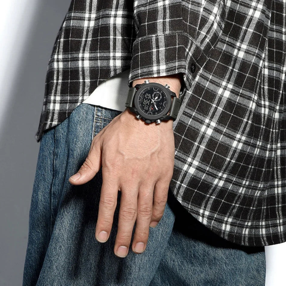 NAVIFORCE Men Watch Business Casual Fashion Dual Display Sport Genuine Strap Alarm Mode Quartz Wristwatch Man Waterproof Watch