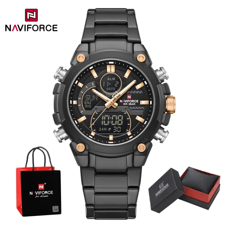 NAVIFORCE Men's Watch Luxury Quartz LCD Digital Sports Military Style Dual Display Chronograph Alarm Clock Wristwatch Gifts Box