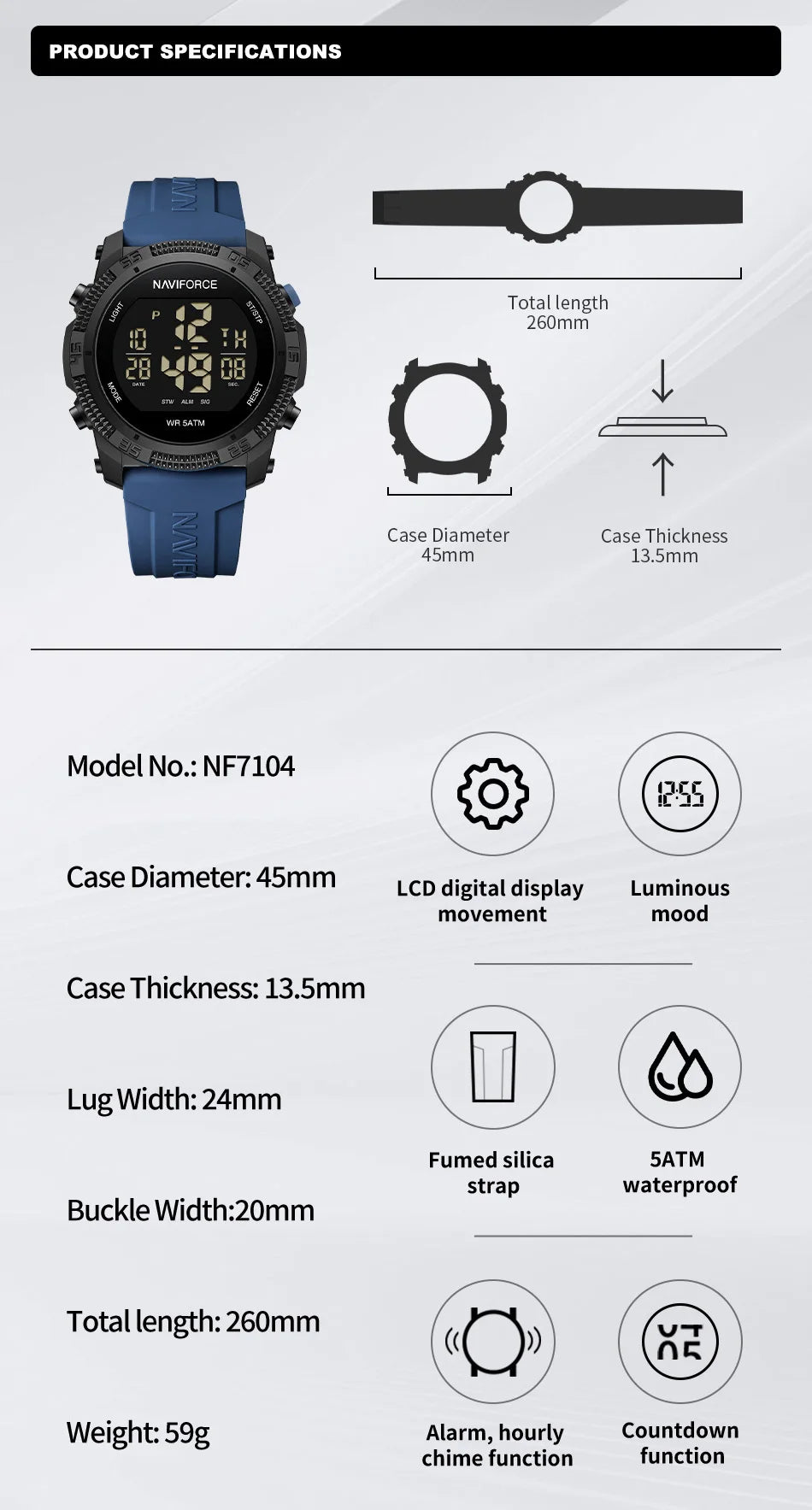 NAVIFORCE Men's Electronic Watch Fashion 5ATM Waterproof Silicone Strap Calendar Male LCD Digital Wristwatch Relogio Masculino