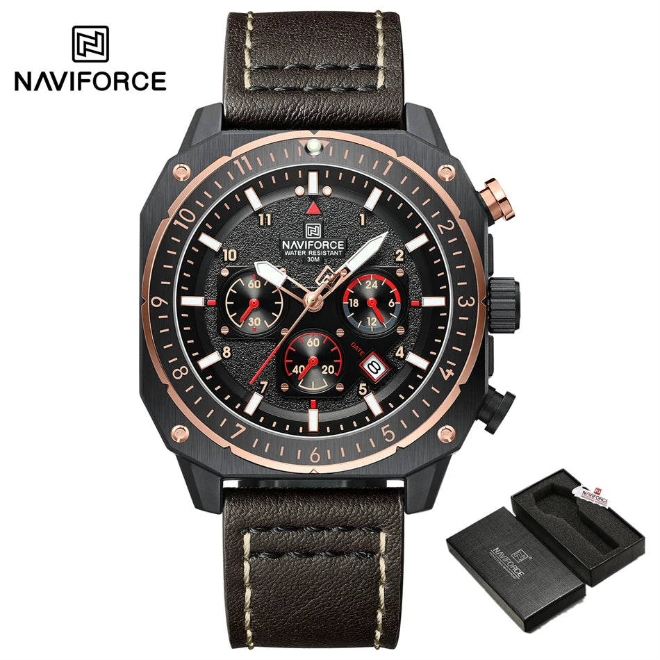 NAVIFORCE Sports Multifunction 24 Hours Date Display Waterproof Watch for Men Fashion Leather Quartz Analog Luminous Wrist Watch