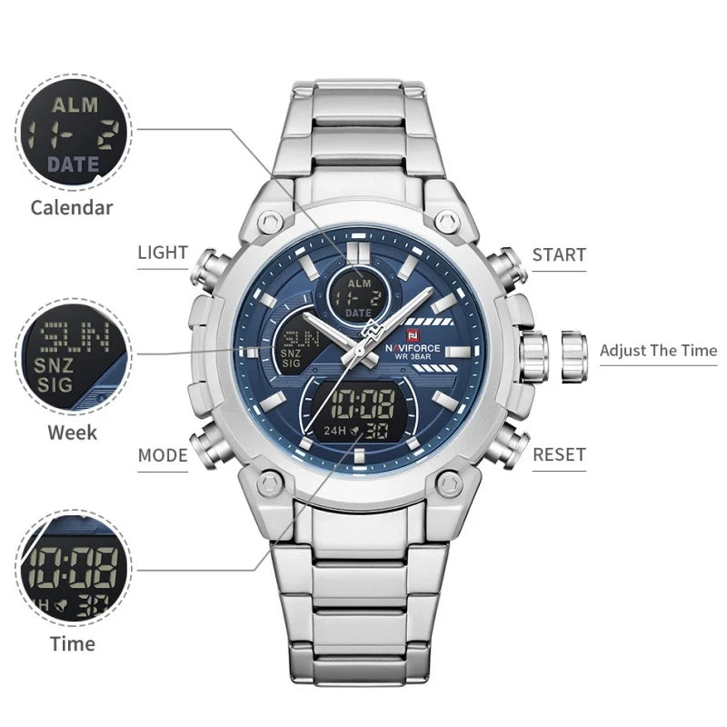 NAVIFORCE Watch For Men Stainless Steel Sport Casual Fashion Dual Display Sport Multifunction Chronograph men Waterproof Watch