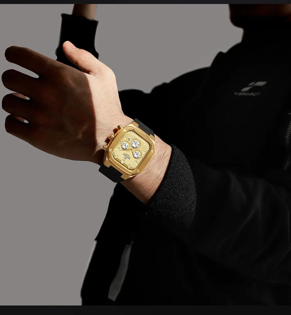 NAVIFORCE Men's Luxury Gold Watch Fashion Silicone Strap Quartz Movement Waterproof Square Wristwatch with Luminous Hands And Da