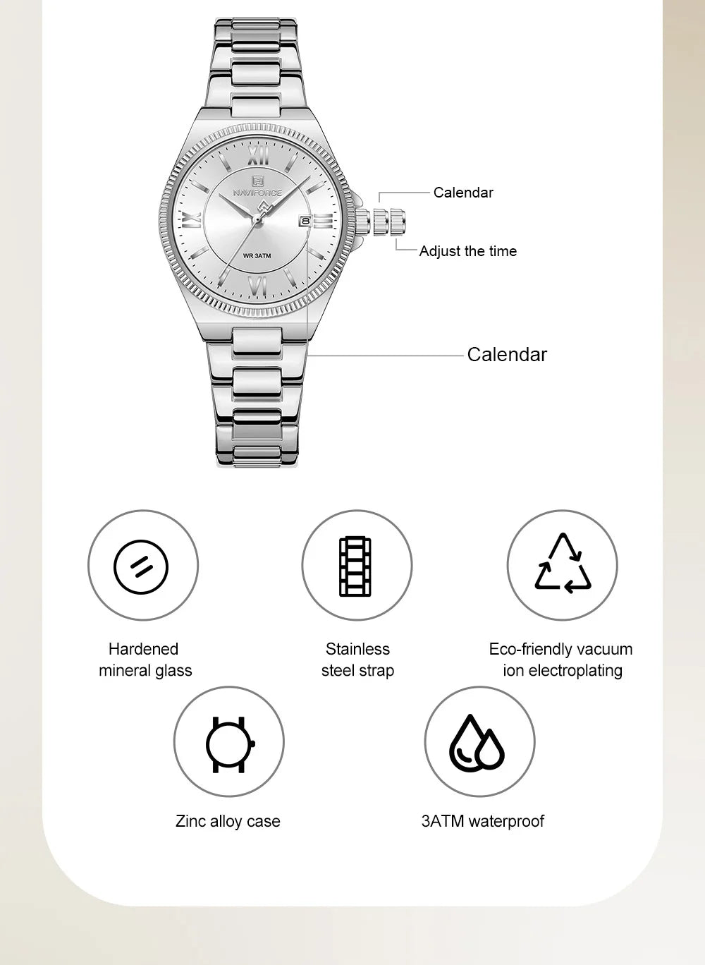 NAVIFORCE Elegant Couple Lover Watches Quartz Calendar Display 30M Water Resistant Watch Stainless Steel Daily Luxury Wristwatch