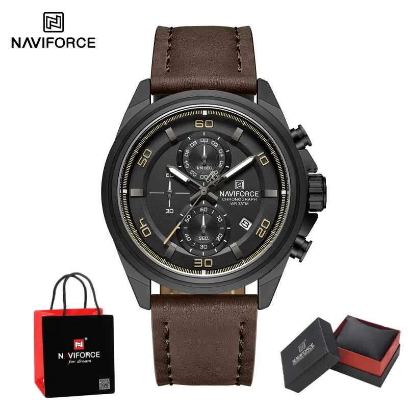 NAVIFORCE Men's Watch Quartz Chronograph Genuine Leather Strap Waterproof Luminous Hand Male Fashion Design Wristwatch Gifts Box