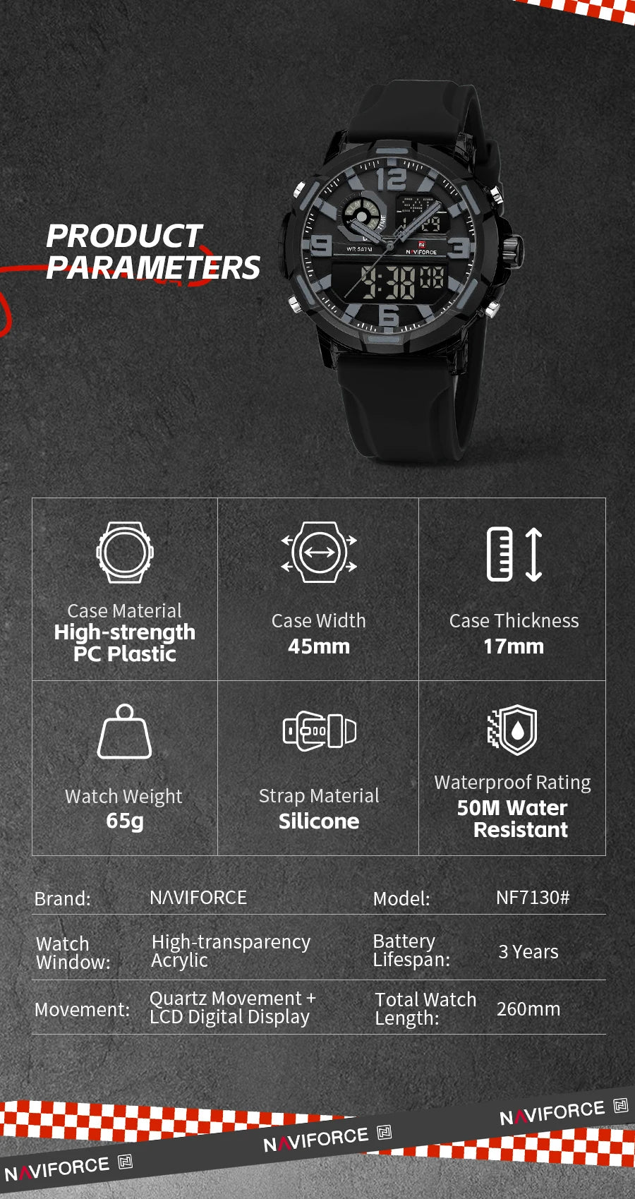 NAVIFORCE Men's Military Quartz Watch Slate Gray Dial White Arabic Numeral Scale 5ATM Waterproof Sports Personality Wristwatches