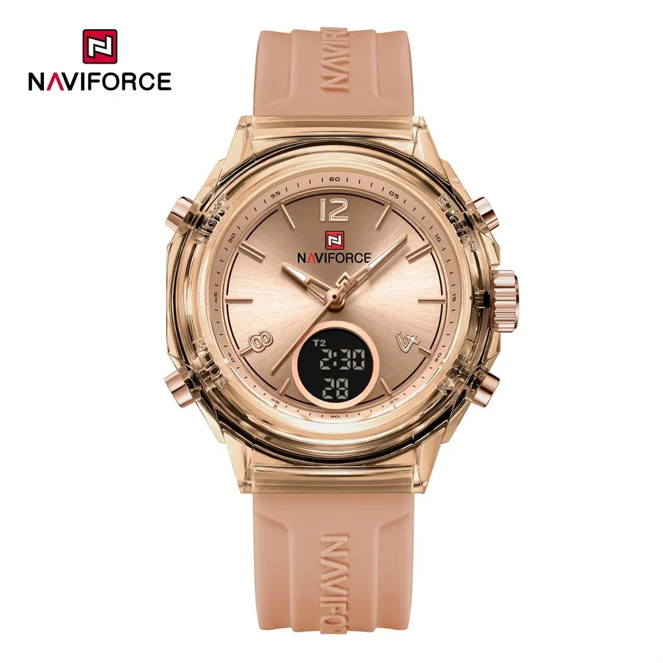 NAVIFORCE Sport Watches Women 50M Waterproof Lady Watch Lover Gifts Dual Time Display Wristwatch Digital LED Back Light Clock