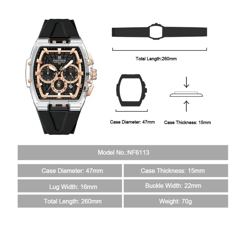 NAVIFORCE Men's Quartz Watch Waterproof Luminous Chronograph with Date Display 24-Hour Male Military Sports Wristwatch Gift Box
