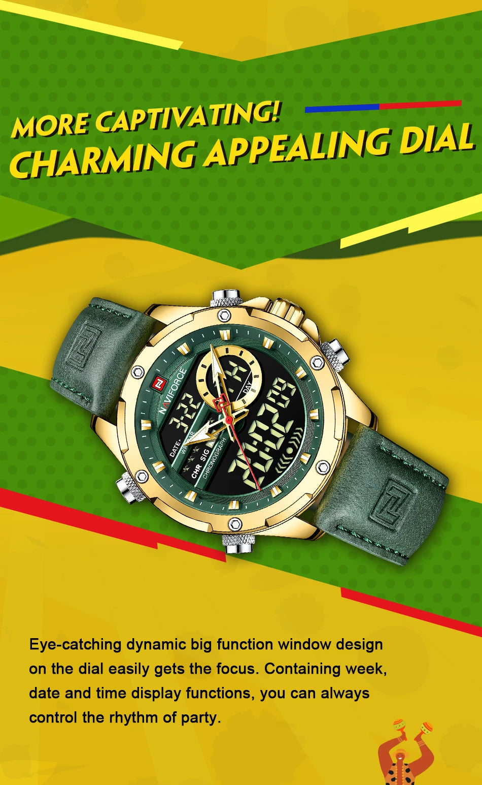 NAVIFORC Casual Sport Chronograph Men's Watch Genuine Leather Band Wristwatch Quartz Clock Luminous Display Relogio Masculino