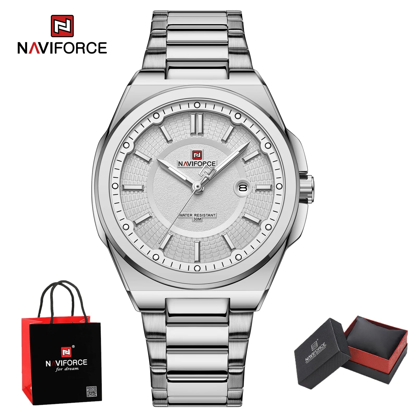 NAVIFORCE Men's Watch Stainless Steel Strap Military Casual Business Quartz Waterproof Calendar Clock with Gift Box