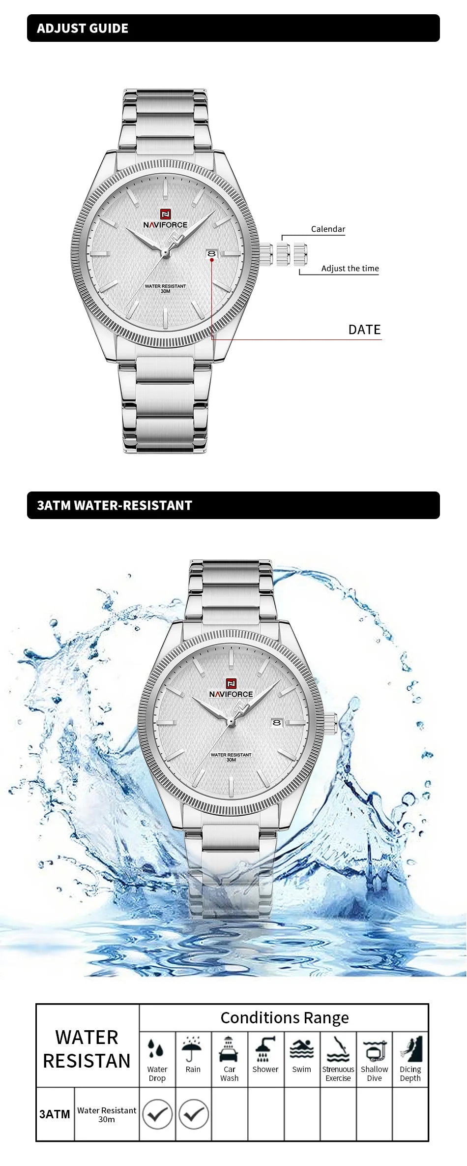 NAVIFORCE Fashion Watches for Men Luxury Business Stainless Steel Strap Quartz Wristwatches Waterproof Calendar Luminous Clock