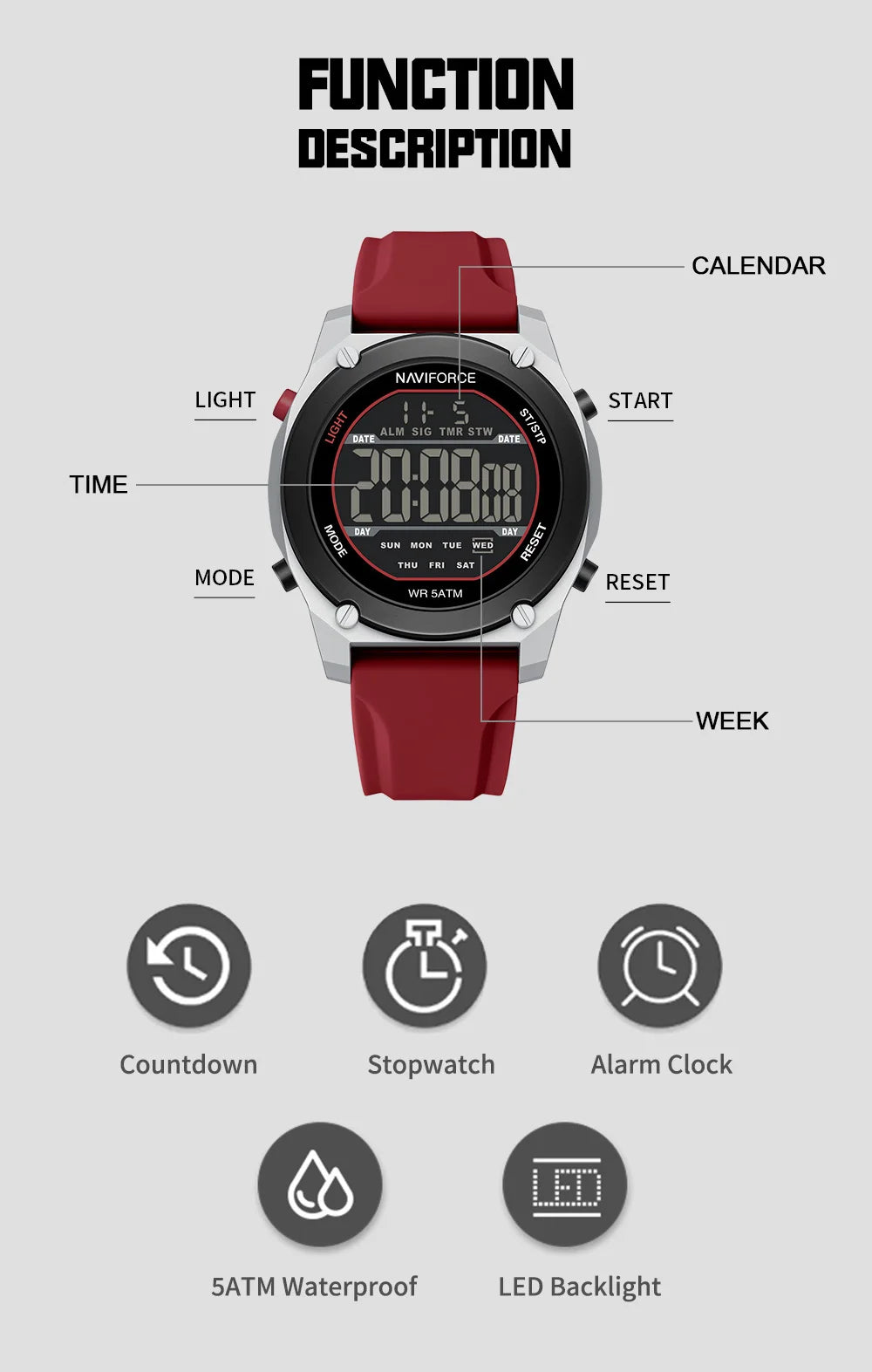 NAVIFORCE Men's LCD Digital Watch 50M Water Resistant Electronic Calendar Fashion Silicone Band Alarm Clock Wristwatch Gifts Box