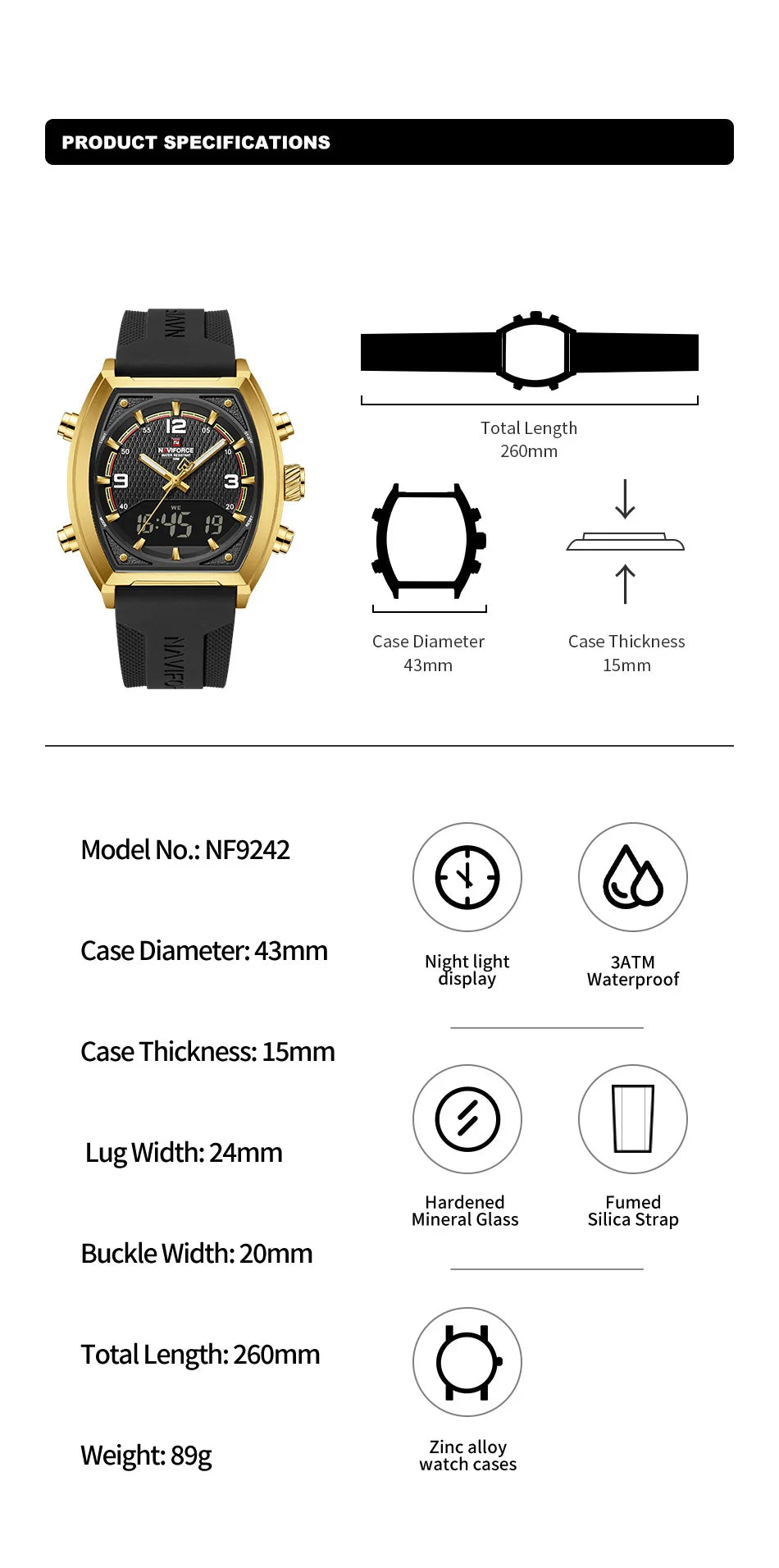 NAVIFORCE Men Sport Watches Dual Time Analog Digital Watch Quartz 30m Waterproof Watch Military Clock Sport 2025 Men Wristwatch