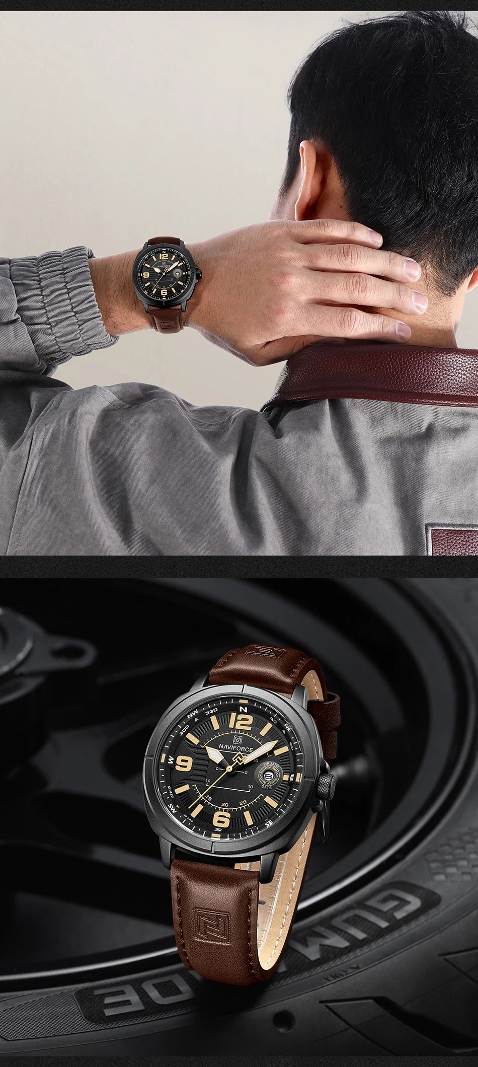 NAVIFORCE New Male Wristwatch Gift Box Quartz Calendar PU Band Calendar High Quarlity 30M Waterproof Business Man's Watch NF8078