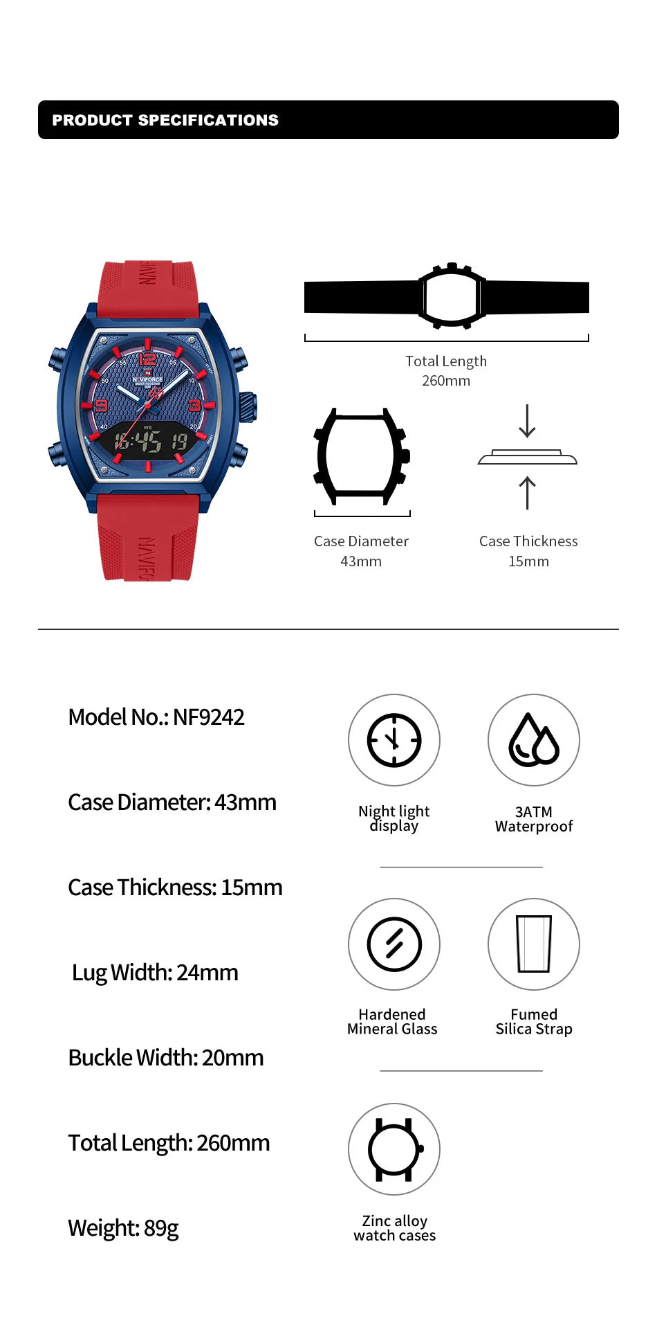 NAVIFORCE Fashionable Man's Quartz Watch Waterproof Dual Display Luminous Military Style Male Sports Wristwatch Gifts Box NF9242