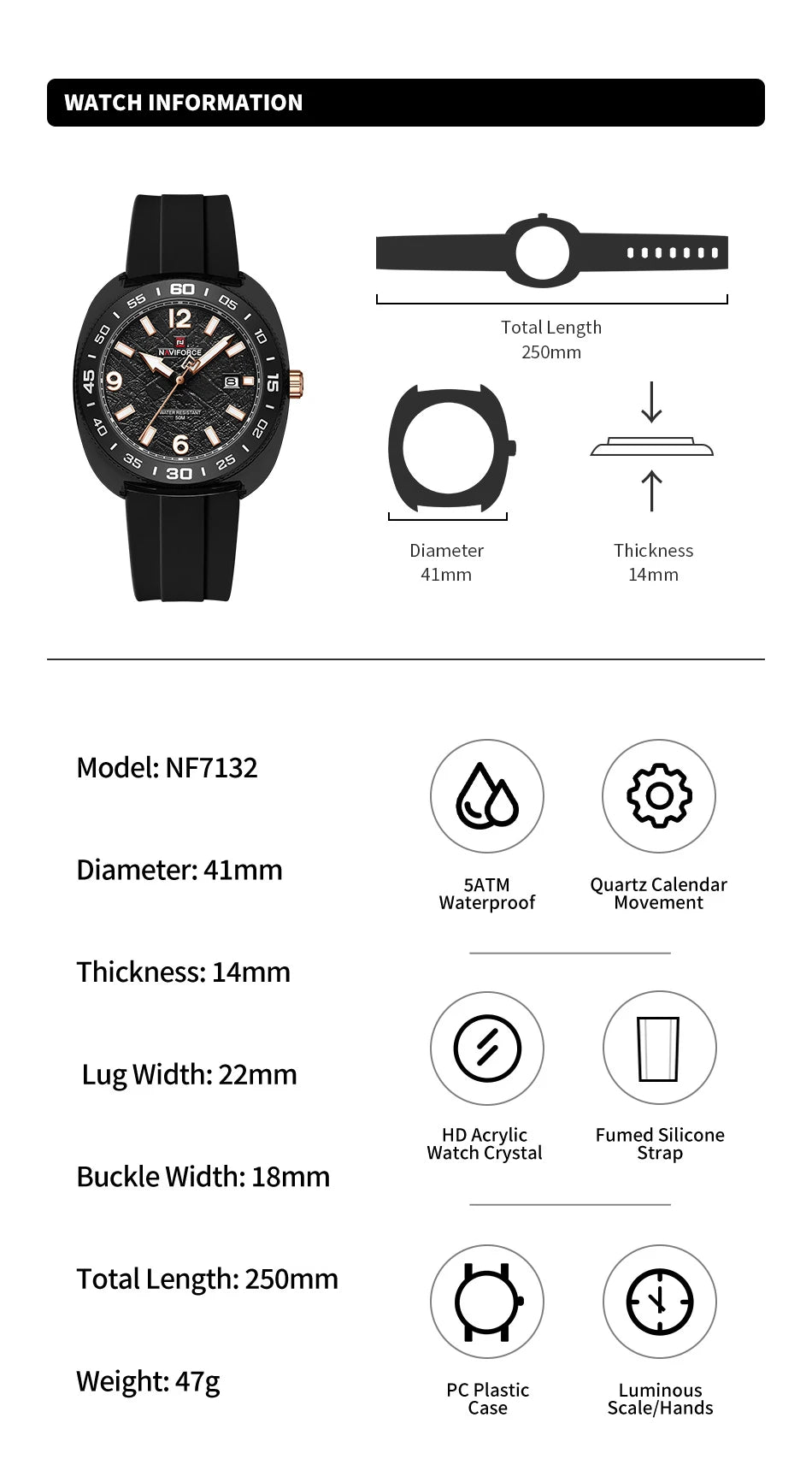 NAVIFROCE Classic Men's Watches Luminous Points Sports 50M Waterproof Watch Calendar Quartz Clock Men's Gift Relogio Masculino