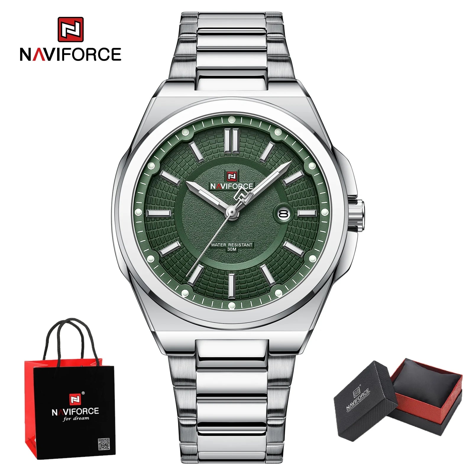 NAVIFORCE Men's Watch Stainless Steel Strap Military Casual Business Quartz Waterproof Calendar Clock with Gift Box