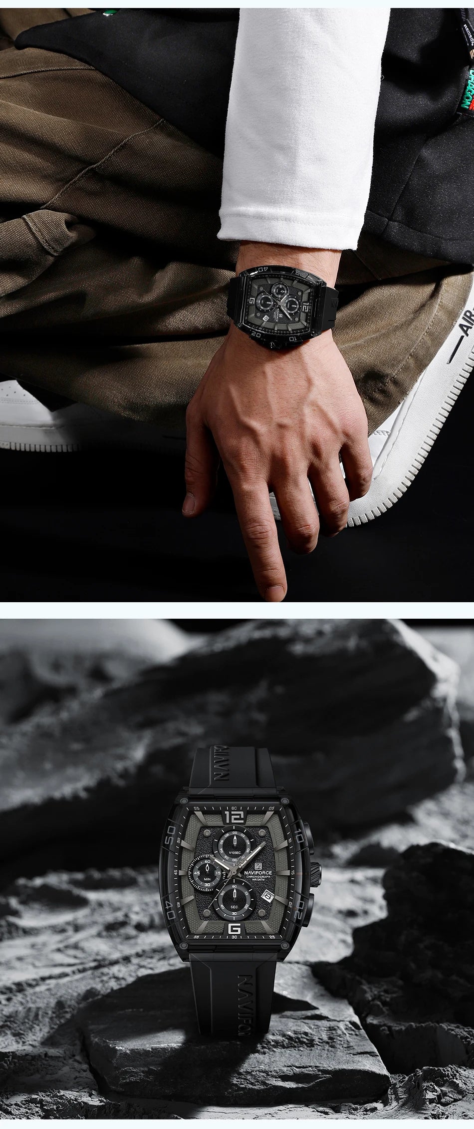 NAVIFORCE Men's Quartz Sports Casual Watch Silicone Strap Wristwatches Chronograph Waterproof Luminous Hands Man Auto Date Clock