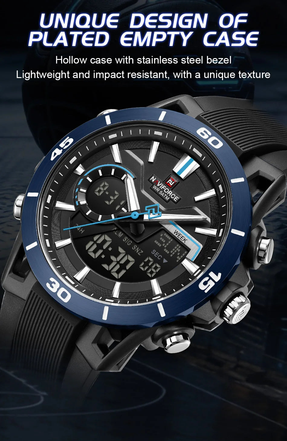 NAVIFORCE Men's Fashion Dual Display Watch 5ATM Waterproof Luminous Soft TPU Strap Male Sports Outdoor Daily Wristwatch Gift Box