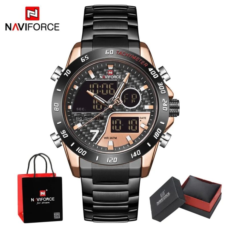 NAVIFORCE Man's Quartz Watch Dual Display Luminous Stainless Steel Strap Male Fashion Business Father's Day Wristwatch Gifts Box