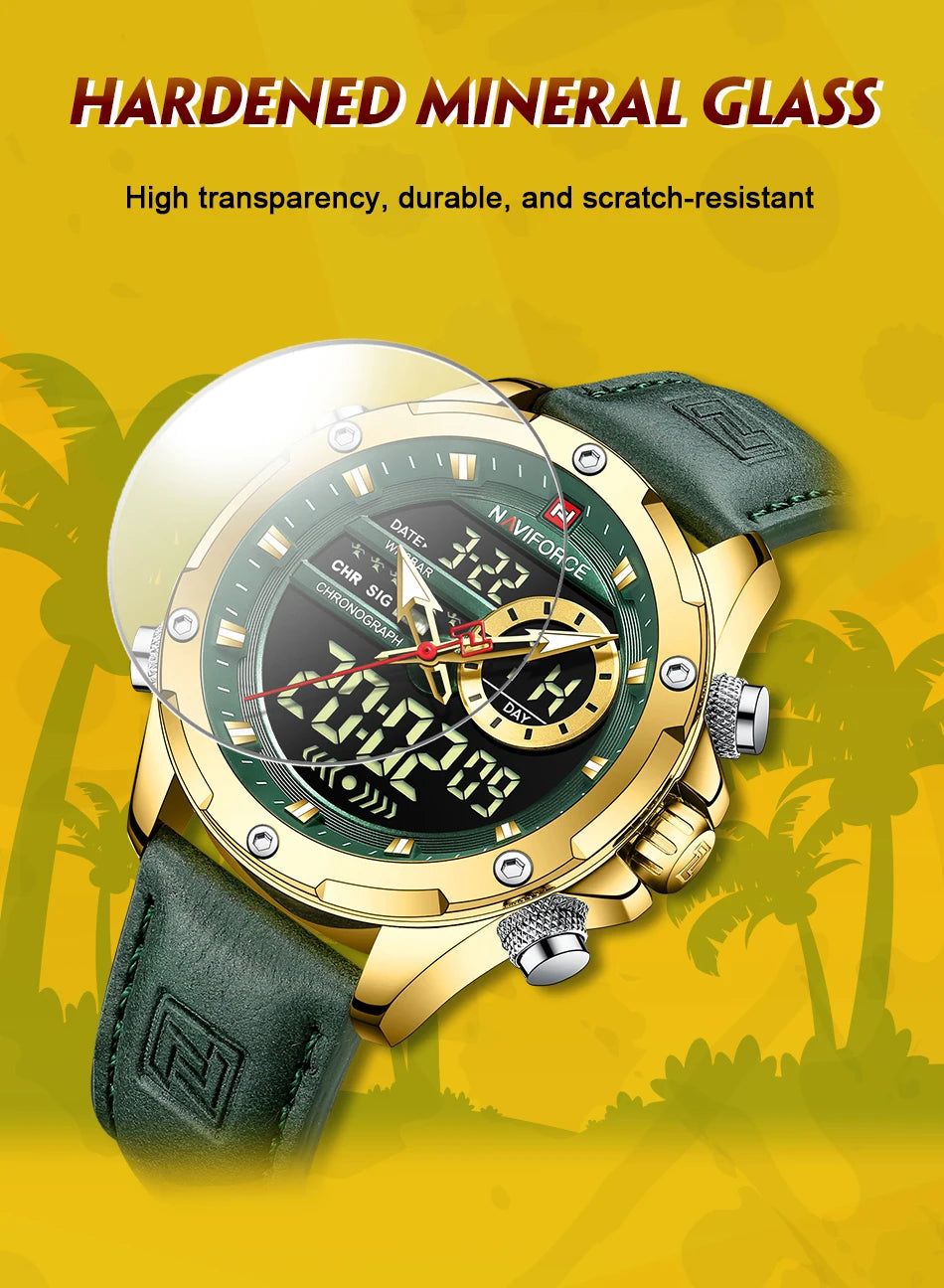 NAVIFORC Casual Sport Chronograph Men's Watch Genuine Leather Band Wristwatch Quartz Clock Luminous Display Relogio Masculino