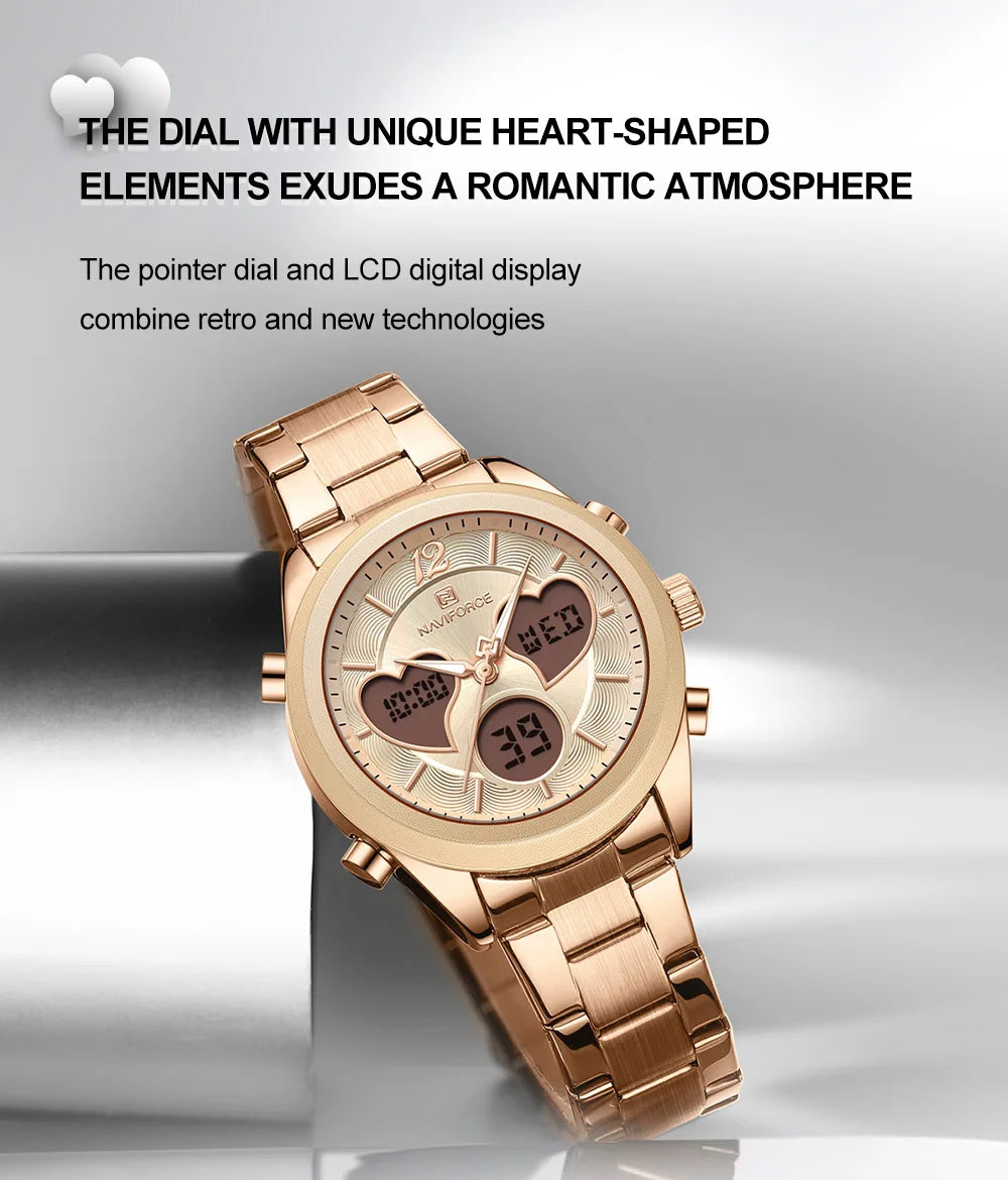 NAVIFORCE Women Watch Unique Design of Heart-Shaped Dial Quartz Analog LCD Digital Watches Fashion Casual Girlfriend Gifts Clock