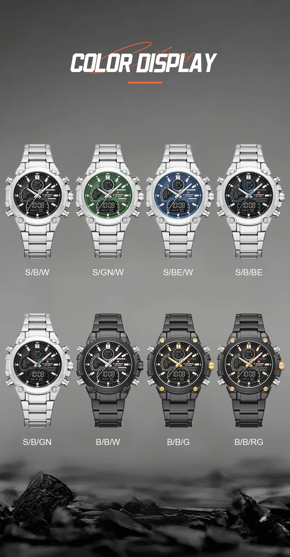 NAVIFORCE Men's Watch Luxury Quartz LCD Digital Sports Military Style Dual Display Chronograph Alarm Clock Wristwatch Gifts Box