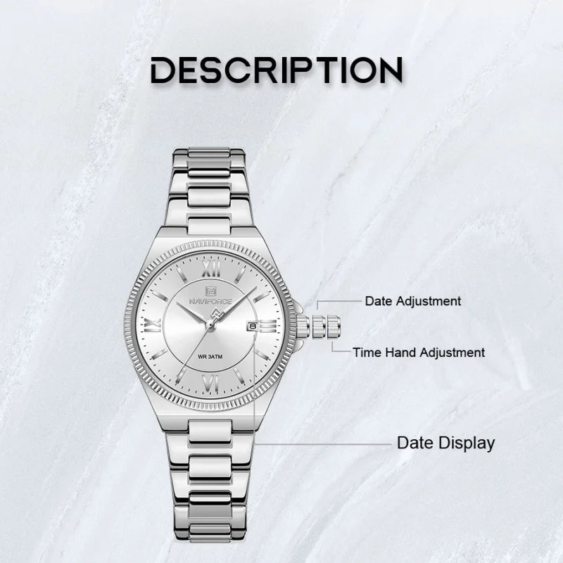NAVIFORCE Women's Wristwatch Quartz Calendar 30M Waterproof Steel Band Fashion Daily Dress Elegant Ladies Watch Relogio Feminino