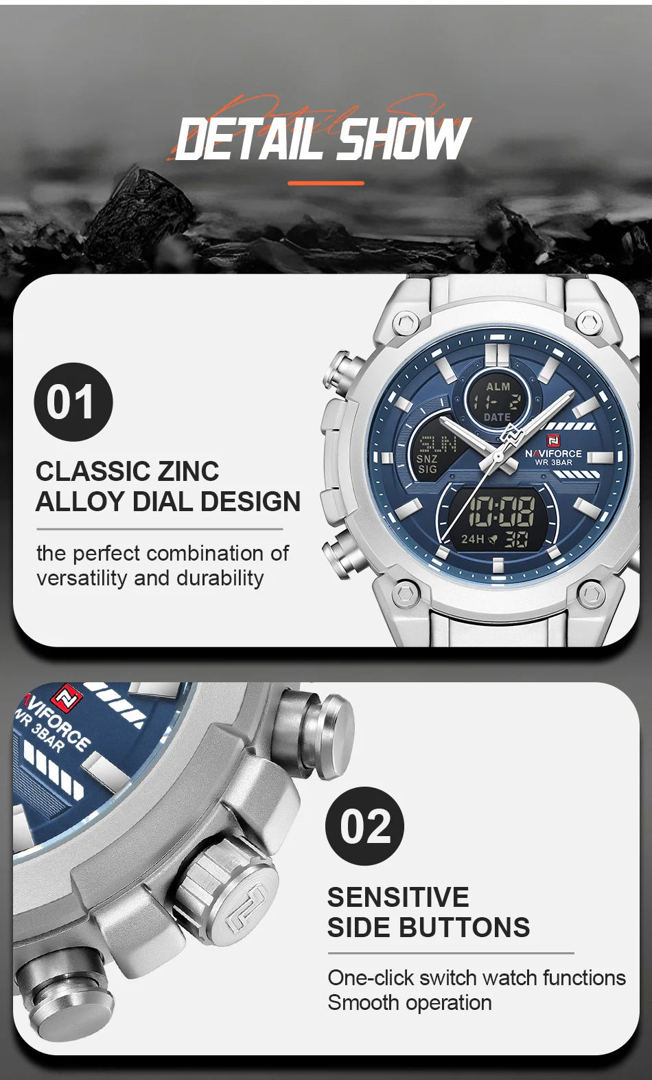 NAVIFORCE Watch For Men Stainless Steel Sport Casual Fashion Dual Display Sport Multifunction Chronograph men Waterproof Watch