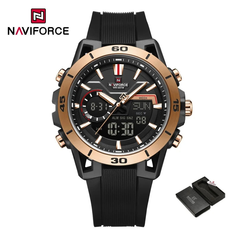 NAVIFORCE Men Watches Quartz Dual Display 50M Waterproof Chronograph Luminous Alarm Clock Male Business Sports Trendy Wristwatch