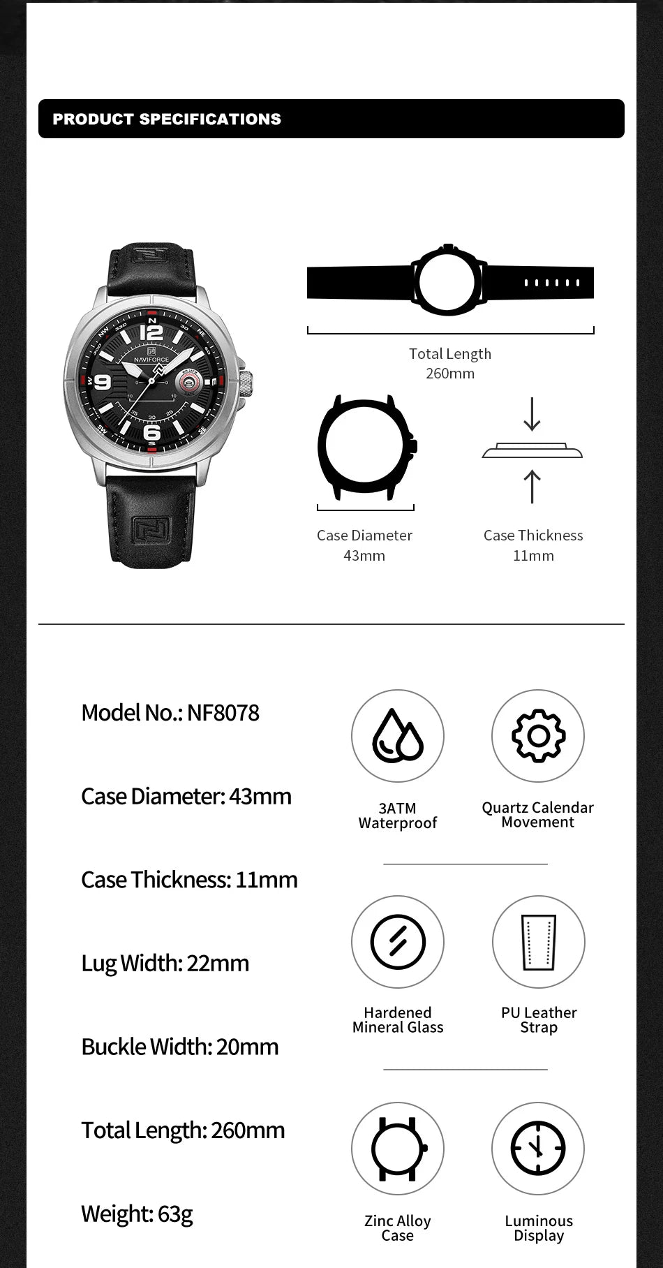 NAVIFORCE Brand Men Quartz Watch High Quality PU Band Calendar Male Wristwatch Auto Date Display Waterproof Clocks Reloj Hombre