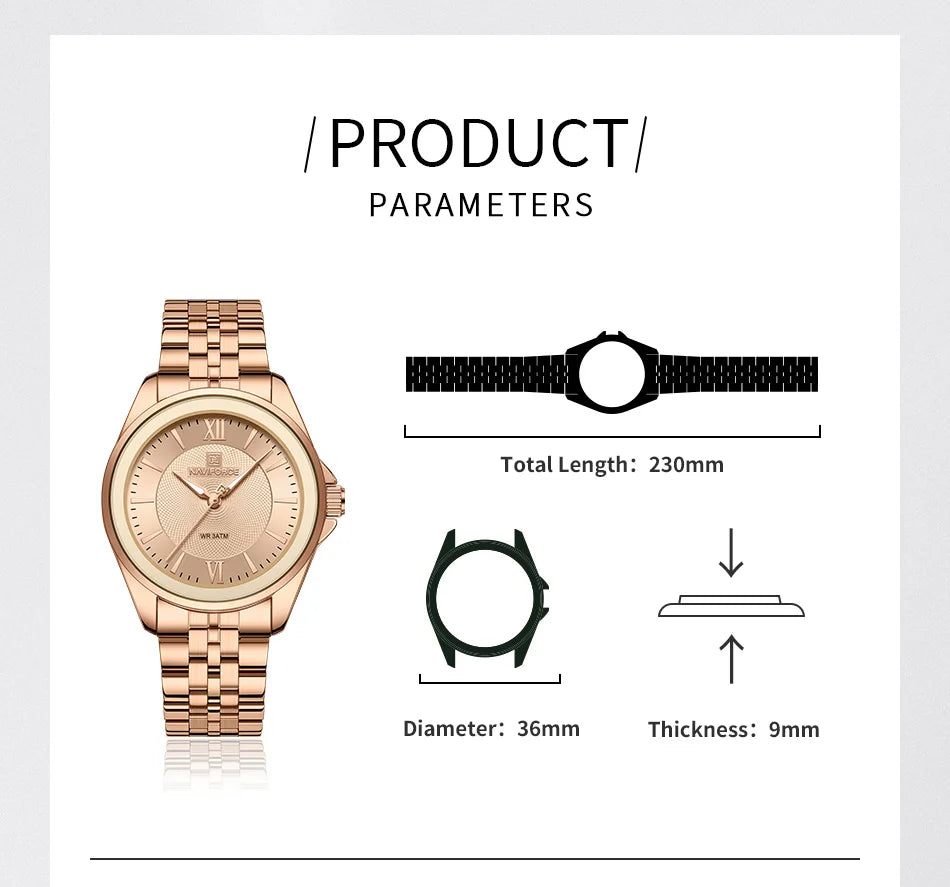 NAVIFORCE Women's Quartz Watch Elegant Casual Stainless Steel Strap 30m Waterproof Female Wristwatches Ladies Clock Reloj Mujer
