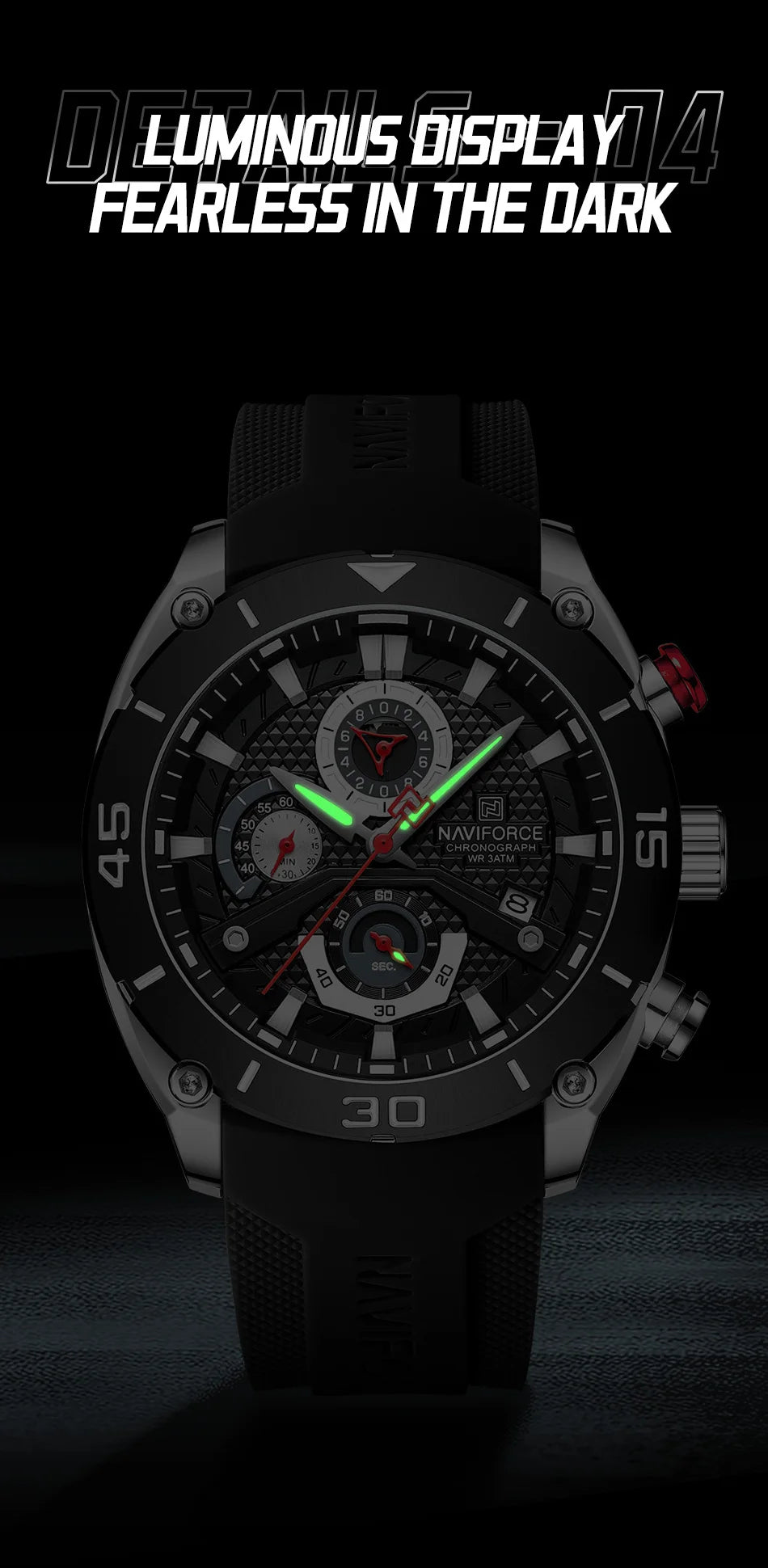 NAVIFORCE Man's Watch Quartz Chronograph 30M Waterproof Luminous Silicone Strap Trendy Sports Simple Wristwatch Gift Box for Men